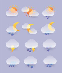 Glass morphism weather icons set. Vector meteo forecast app symbols