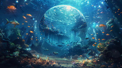 An underwater realm where the sea is a mirror reflecting countless worlds, marine creatures from different dimensions coexist, and the water itself is a fluid boundary between realities, 