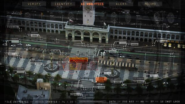
Aerial view of Generative Artificial Intelligence Tracking Suspect. ID, Image and Data appearing. Computer Vision Interface. Suspect Found. San Francisco, United States.