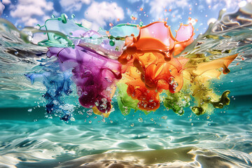 An underwater scene of paint splashes dispersing in clear water, with a spectrum of colors diffusing and blending in a fluid, ethereal manner, creating a peaceful and mesmerizing desktop wallpaper. 