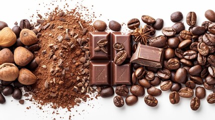  one of chocolate and nuts, another of coffee beans, and a third of cocoa