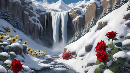 Cascade of Beauty: Exploring a Snow-Capped Mountain Waterfall Surrounded by Red Roses and Sunflowers