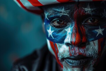 Black person with face painted with the US flag wearing a top hat, concept of Independence Day, 4th of July.