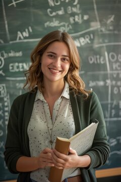 Smiling female teacher holding books, blackboard in the background, back to school concept, teacher's day.