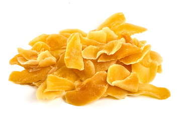 Dried mango pieces, isolated on white background