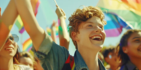 Pride Month concept. Close up portrait of happy young men looking up during the parade for lgbt+ rights in New York. Banner style. Outdoor shot - Powered by Adobe
