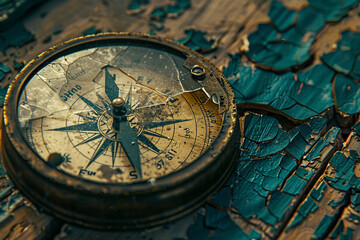 Fototapeta na wymiar Capture the eerie essence of Mind Games on a Ghost Ship with a close-up shot of a weathered compass, cracked with age and mystery, hinting at the psychological turmoil aboard