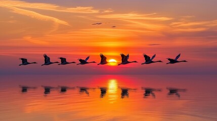   A flock of birds flies over a body of water as the sun sets, its orange and red hues casting long reflections on the surface - Powered by Adobe
