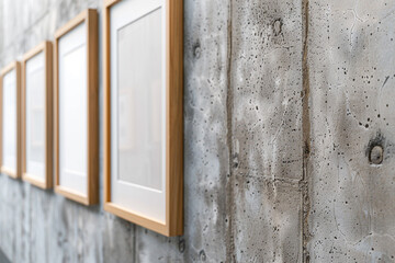 an gallery's side view reveals a neat row of small to medium-sized wooden frames, each with a white center, placed against a wall with an industrial concrete finish exhibit