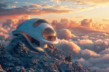 Futuristic dome-shaped house on top of a stone hill, architecture concept, sunset in the background.