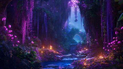 Fototapeta premium Magical landscapes comes to life, with glowing plants and whimsical creatures