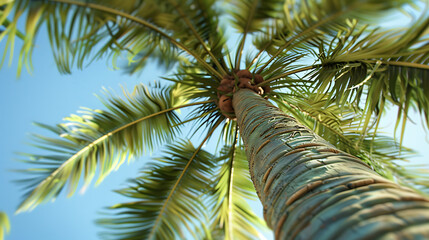 Obraz premium Coconut trees, summer wallpaper, the view from the ground shows their height and beauty