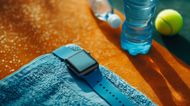 fitbit abandoned on tennis court near drink and towel symbolizes workout must-haves, showcasing fitness essentials