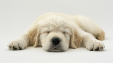   A tight shot of a dog with its head on paws and closed eyes on a pristine white background