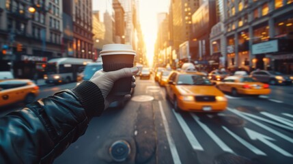   A person, amidst a bustling city street, holds up a steaming cup of coffee as taxis and cabs...