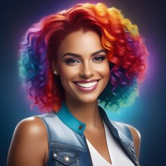 Beauty Girl Portrait with Colorful Makeup, Hair, Nail polish and Accessories. Colourful Studio Shot of Funny Woman. Vivid Colors. Manicure and Hairstyle. Rainbow Colors 