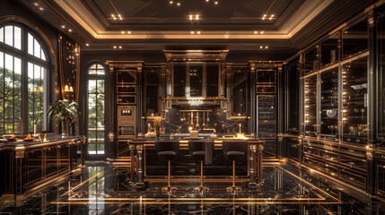 Opulent kitchen interior, accentuated by chic internal lighting elements, unparalleled elegance.
