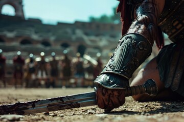 Hand of a gladiator holding a sword, coliseum in the background.