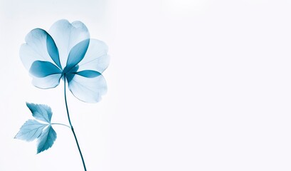 Minimalist blue floral background, single flower, in the style of xray. wedding or condolence card or banner  large copy space for text, 
