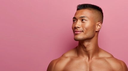  A man, bare-chested, stands before a pink wall, tilting his head to the side