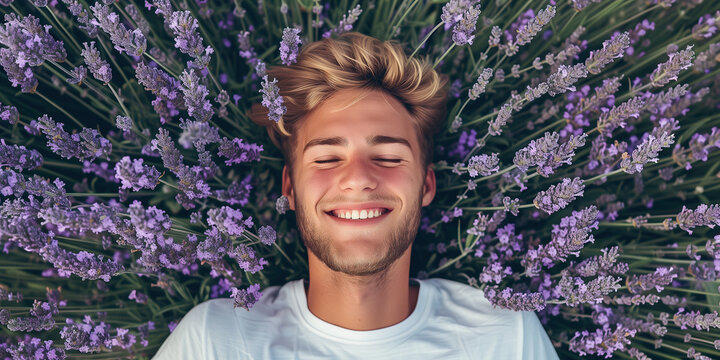Aromatherapy concept. Close up portrait of a young handsome French laying in blooming lavender and feeling good. Golden hour. Outdoor shot