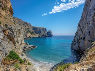 Fototapeta premium Landscape with a beach and sea with stunning blue waters and rocky cliffs, concept of travel, summer, vacation.