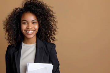 African american businesswoman with curly hair smiling and holding documents, concept of business, leadership.
