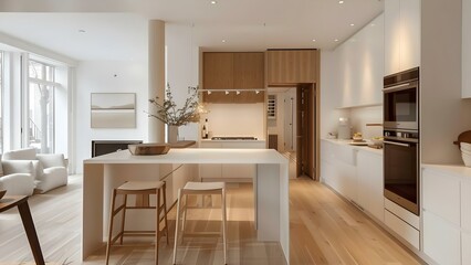 Modern Kitchen Design with White Furniture, Wooden Floor, and Scandinavian Influences. Concept Modern Kitchen Design, White Furniture, Wooden Floor, Scandinavian Influences
