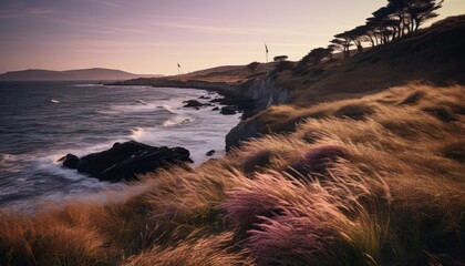 A wind swept coastal landscape with wild heather and a breathtaking view of the ocean from a cliff