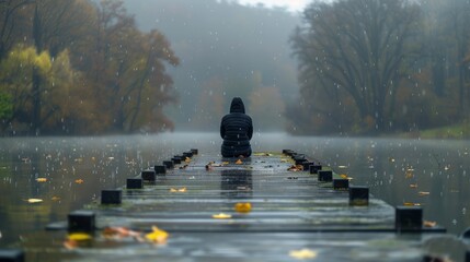   A person seated on a dock amidst a tranquil body of water, surrounded by fallen autumn leaves on the ground, with trees displaying vibrant fall colors in the background - Powered by Adobe