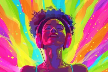 cheerful woman with headphones colorful street art queer academia parody uplifting digital illustration - obrazy, fototapety, plakaty