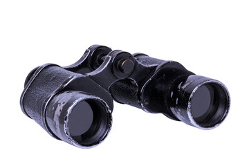 Vintage binoculars isolated. Close-up of an old german Binoculars with leather straps used from...