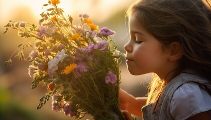 Naklejka premium A young girl holding a collection of freshly-picked flowers