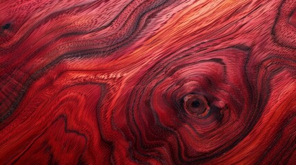   A close-up of a wooden surface displays a red and black swirl pattern at its peak