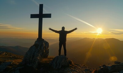 Silhouette of man with arms outstretched next to a cross on top of a mountain, sunset in the background, concept of faith, Christianity.