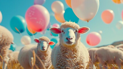 A flock of charming lambs gathers under vibrant balloons, marking Bakra Eid joyously