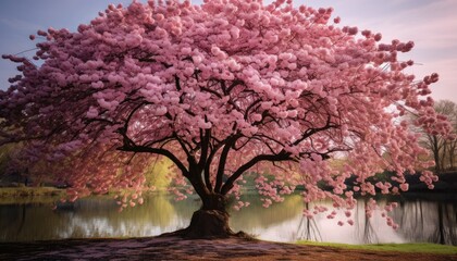 A large pink Japanese cherry blossom tree stands by a serene lake