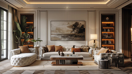 Cozy elegance, with one sofa adding warmth to the room.