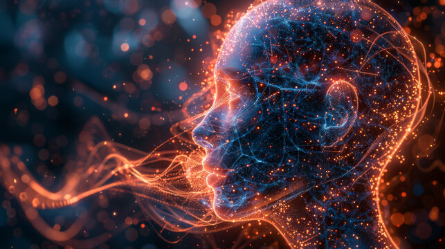 Glowing head with a blue face and bright connection lines. Science concept. Abstract background.