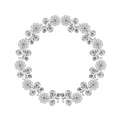  line art illustration of tendrils of gotu kola leaves with flowers forming a round frame pattern