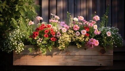 Fototapeta premium Wooden box overflowing with vibrant seasonal blooms in assorted colors