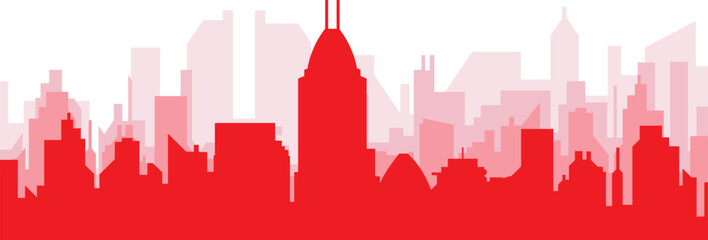 Red panoramic city skyline poster with reddish misty transparent background buildings of INDIANAPOLIS, UNITED STATES