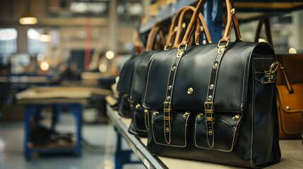 Elegant leather bags on display in a modern shop, showcasing craftsmanship and luxury design. Created with Generative AI