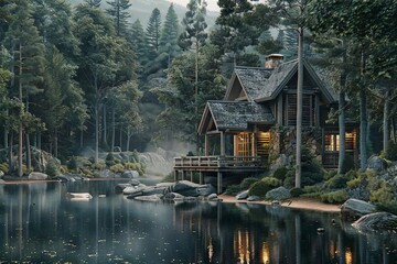 cozy rustic house nestled in a serene forest landscape architectural 3d rendering