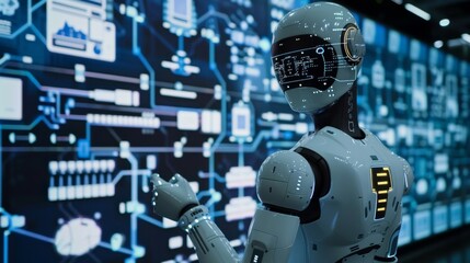 A humanoid robot with a futuristic interface backdrop, symbolizing advanced technology and AI. Created with Generative AI
