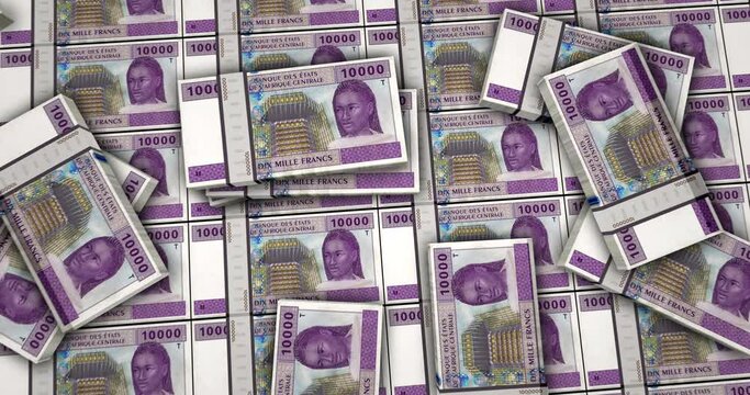 Central African CFA Franc money Cameroon Chad Congo Gabon banknotes 3d animation. 10000 XAF packs concept of inflation, economy, crisis, business, banking, debt and finance.