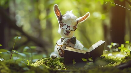 A sweet baby goat wearing a tiny bowtie and glasses, sitting on a patch of soft moss under a canopy of lush green trees, composing a symphony with tiny instruments - Powered by Adobe