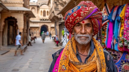 Fototapeta premium A man in a red turban and yellow scarf stands before a city street store