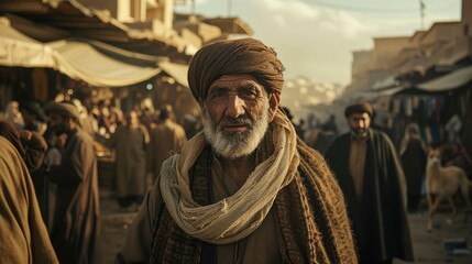 Fototapeta premium A man in a turban confronts an old-fashioned marketplace crowd