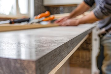 A man is focused on installing a new countertop, seen working diligently on the task